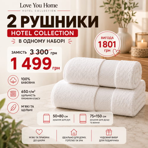 Набір білих махрових рушників LoveYouHome Hotel Collection, 50×80 + 75×150 см