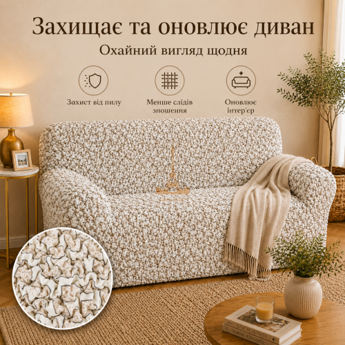Еластичний чохол на 2-місний диван 3D Жатка кремовий Love You Italy