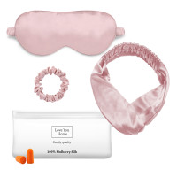 Set: mask hair band elastic band cover ear plugs Love You Pink 100% silk