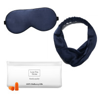 Set: mask hair band cover earplugs Love You Blue 100% silk