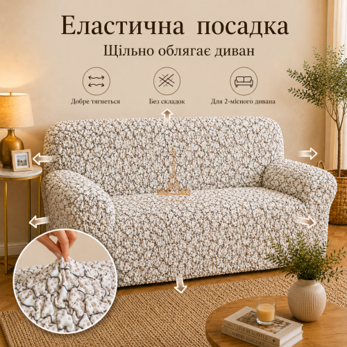 Еластичний чохол на 2-місний диван 3D Жатка кремовий Love You Italy