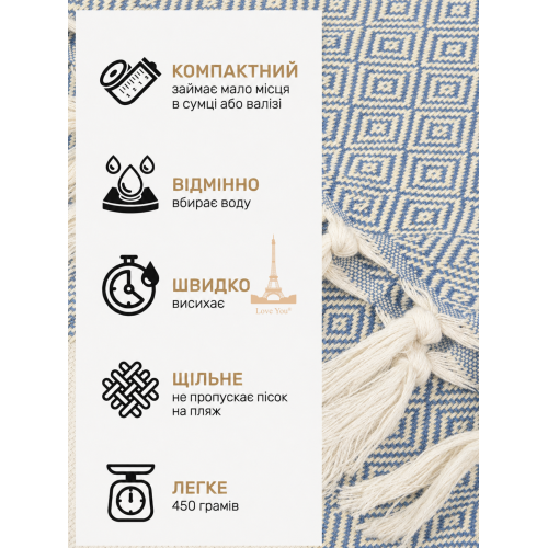 Рушник-пештемаль бавовняний для дому та відпочинку 100х180 см блакитний LoveYouHome