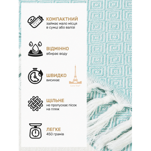 Рушник-пештемаль бавовняний для дому та відпочинку 100х180 см м'ятний LoveYouHome