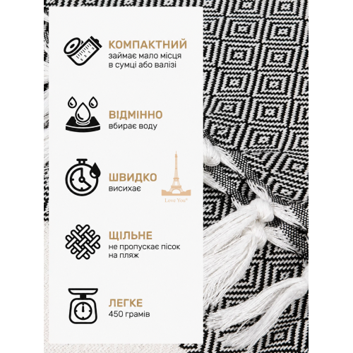 Рушник-пештемаль бавовняний для дому та відпочинку 100х180 см чорний LoveYouHome