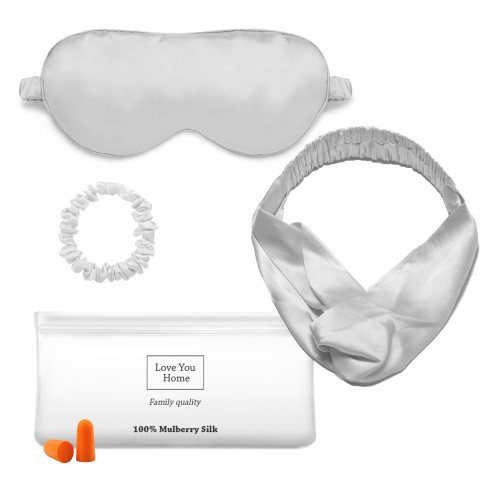 Set: mask hair band elastic band cover ear plugs Love You Gray 100% silk