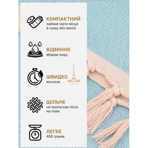 Рушник-пештемаль бавовняний для дому та відпочинку 100х180 см бірюзовий LoveYouHome