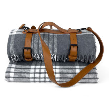 Плед тревел бавовняний в клітинку сірий з ременем Love You