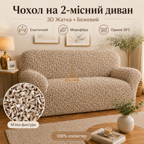 Еластичний чохол на 2-місний диван 3D Жатка бежевий Love You Italy