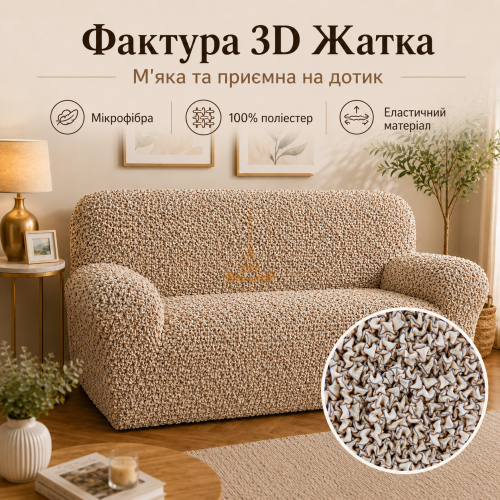 Еластичний чохол на 2-місний диван 3D Жатка бежевий Love You Italy