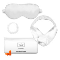 Set: mask hair band elastic band cover ear plugs Love You White 100% silk