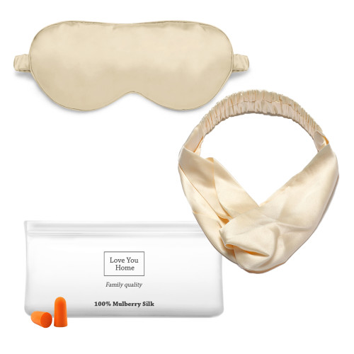 Set: mask hair band cover earplugs Love You Beige 100% silk