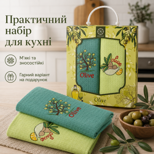 Набір вафельних рушників 2 шт 40x60 см Олива зелений/салат LoveYouHome