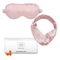 Set: mask hair band cover earplugs Love You Pink 100% silk