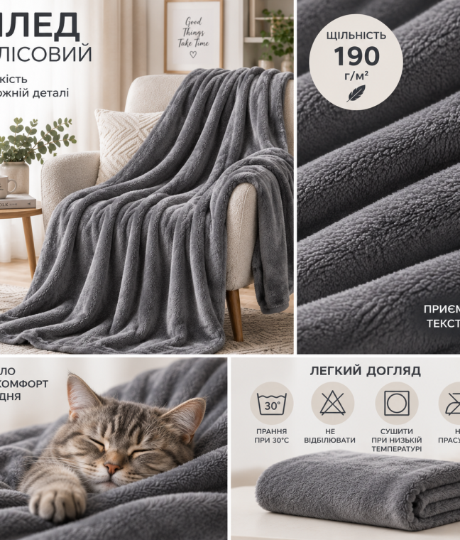 Плед фліс однотонний сірий Love You, Фото 4 из 5