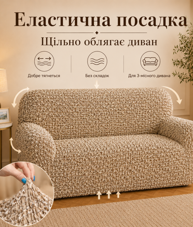 Еластичний чохол на 3-місний диван 3D Жатка бежевий Love You Italy, Фото 4 з 12