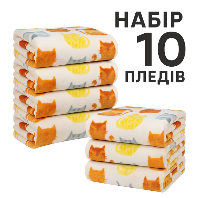 Набір 10 пледів флісових Котики Бежевий Love You