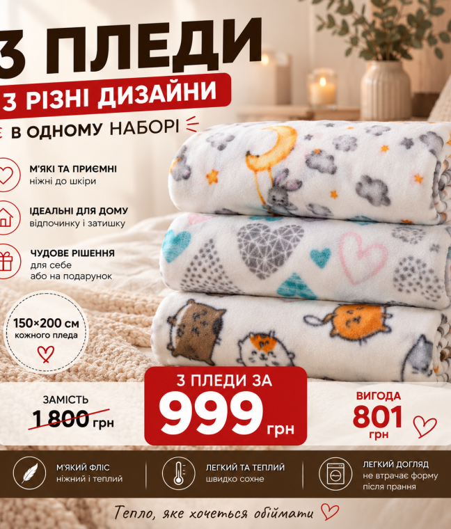 Набір флісових пледів Love You 150×200 см, 3 шт.