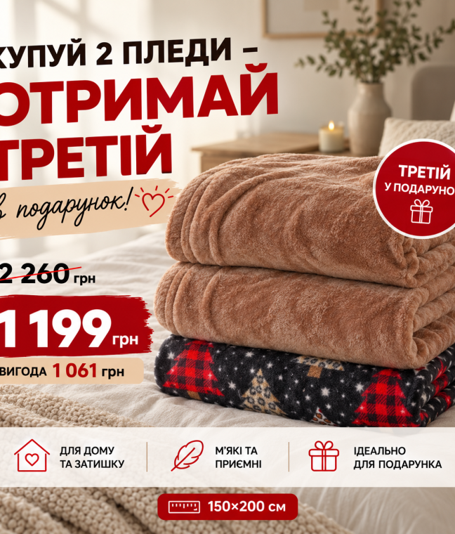 Набір із 3 флісових пледів Love You Home 150×200 см 2шт бежеві + «Святкові ялинки»