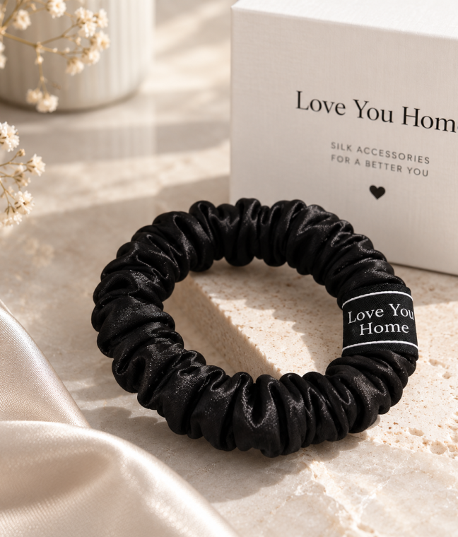 Шёлковая резинка для волос Love You Home, 100% натуральный шёлк, чёрная, Фото 2 из 5