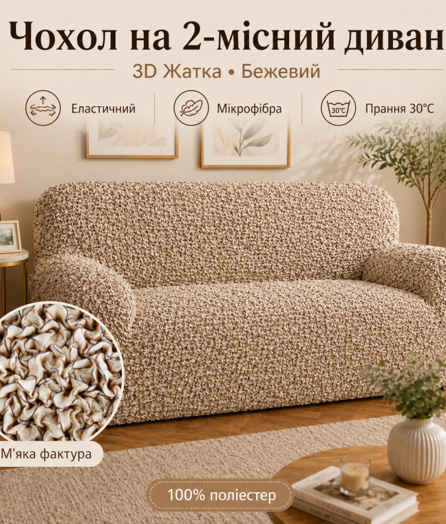 Еластичний чохол на 2-місний диван 3D Жатка бежевий Love You Italy, Фото 4 з 11