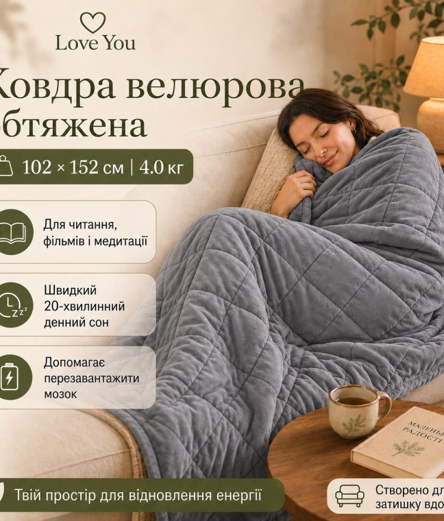 Ковдра велюрова обтяжена 4 кг антистресова 102х152 см Love You, Фото 2 з 10