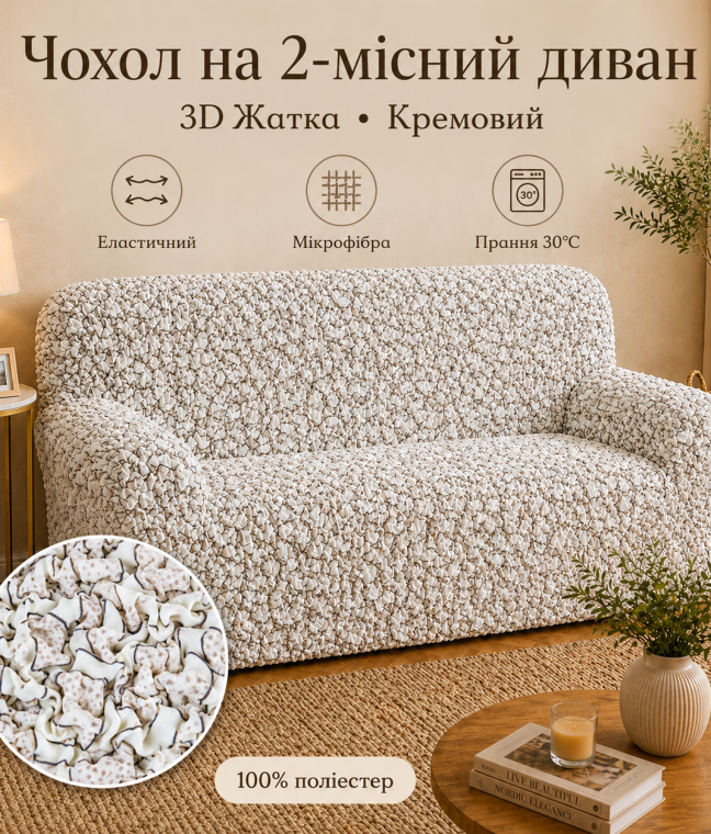 Еластичний чохол на 2-місний диван 3D Жатка кремовий Love You Italy, Фото 4 з 10