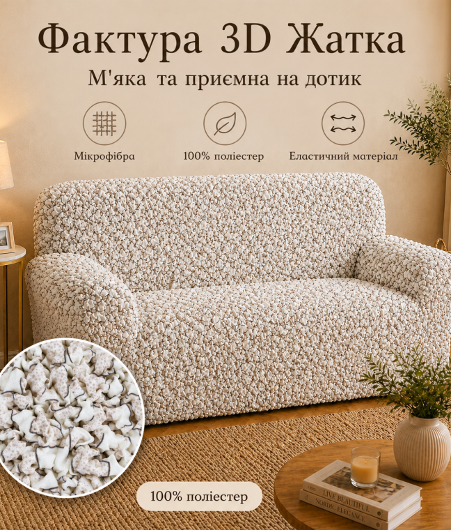 Еластичний чохол на 2-місний диван 3D Жатка кремовий Love You Italy, Фото 5 з 10