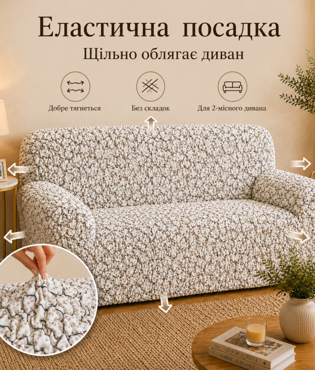 Еластичний чохол на 2-місний диван 3D Жатка кремовий Love You Italy, Фото 6 з 10