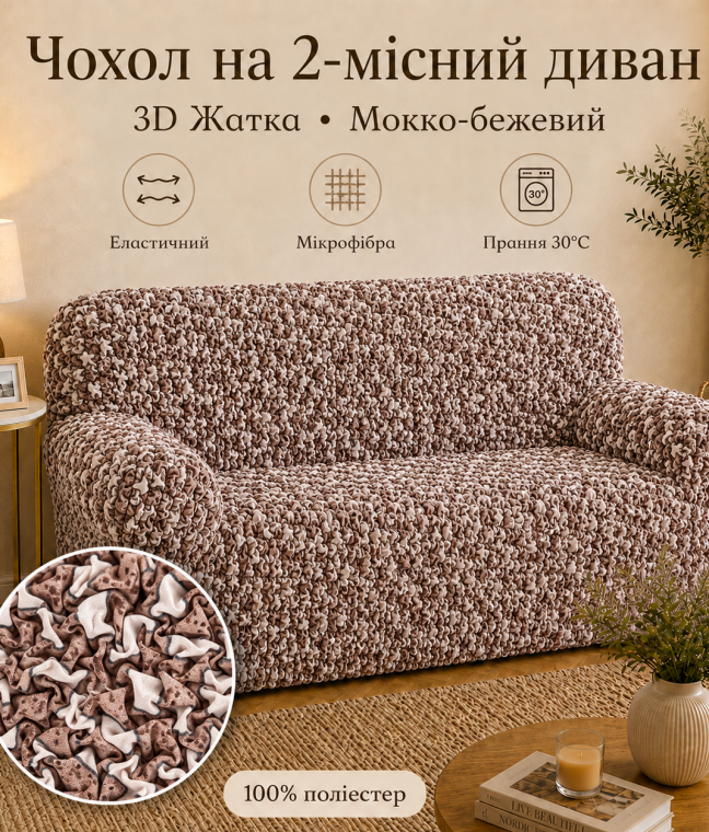 Эластичный чехол на 2-местный диван 3D Жатка мокко-бежевый Love You Italy, Фото 4 из 10