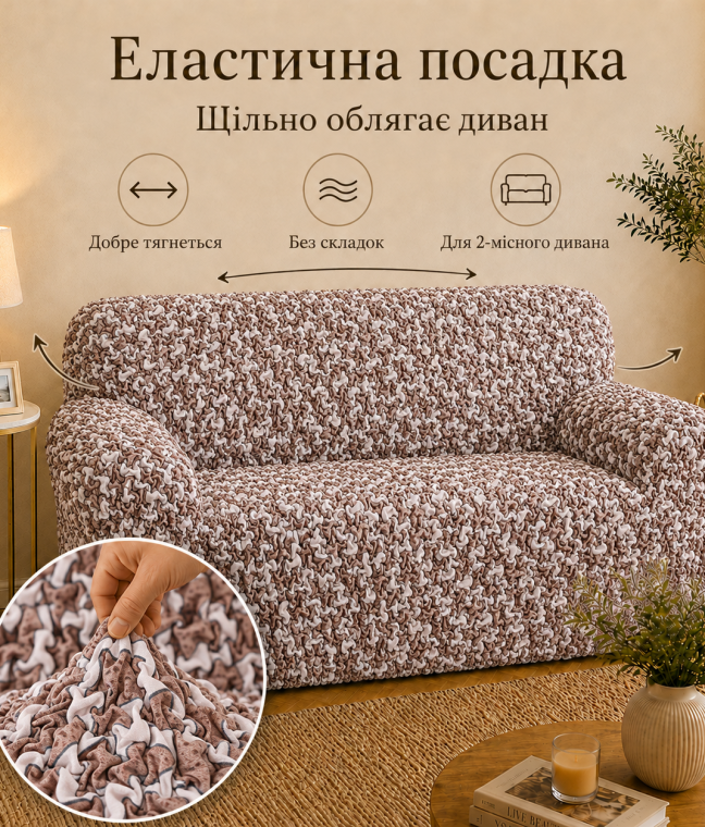 Эластичный чехол на 2-местный диван 3D Жатка мокко-бежевый Love You Italy, Фото 6 из 10