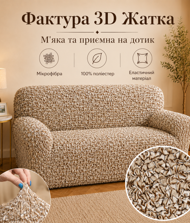 Еластичний чохол на 3-місний диван 3D Жатка бежевий Love You Italy, Фото 10 з 12