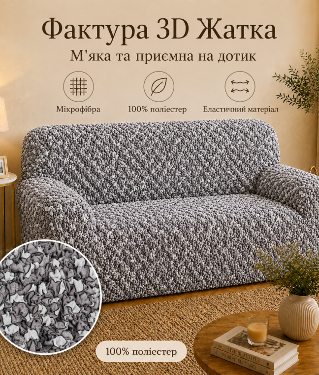 Еластичний чохол на 2-місний диван 3D Жатка сірий Love You Italy, Фото 11 з 11