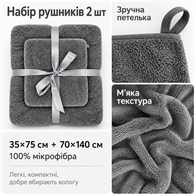 Набір рушників 2 шт 35x75 см+70x140 см темно сірий LoveYouHome, Фото 2 з 6