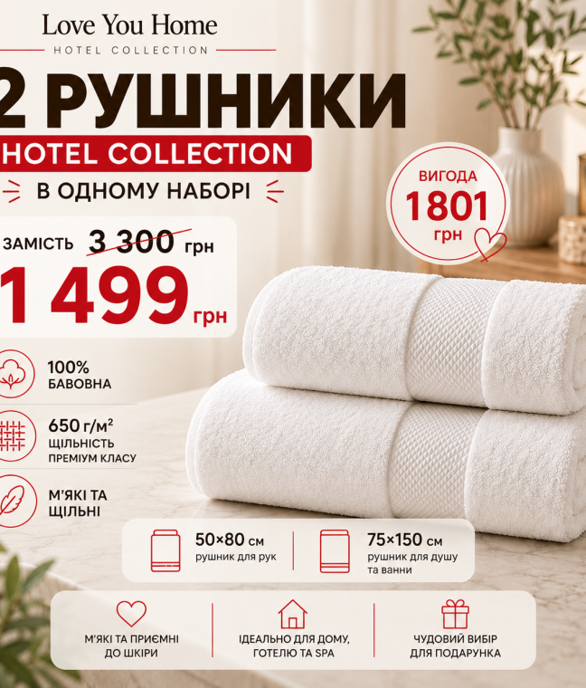Набір білих махрових рушників LoveYouHome Hotel Collection, 50×80 + 75×150 см