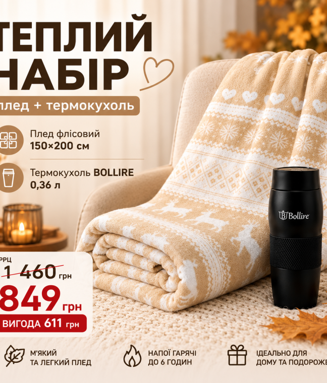 Теплий набір LoveYouHome: флісовий плед 150×200 см + термокухоль BOLLIRE 0,36 л Love You