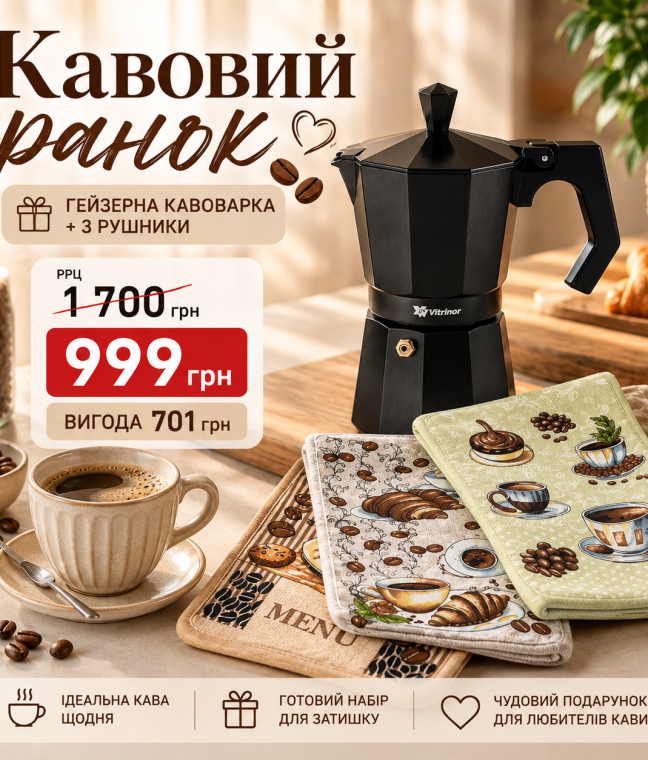 Набір «Кавовий ранок»: гейзерна кавоварка VITRINOR BLACK + 3 кухонні рушники HomeBrand