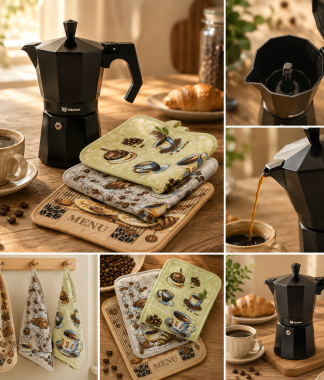 Набір «Кавовий ранок»: гейзерна кавоварка VITRINOR BLACK + 3 кухонні рушники HomeBrand, Фото 4 з 5