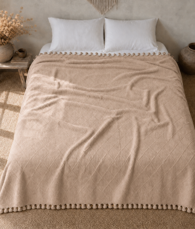 Покривало-плед з бахромою 200х230 бежевий LoveYouHome, Фото 3 з 9