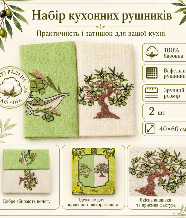 Набір вафельних рушників 2 шт 40x60 см Олива білий/салат LoveYouHome, Фото 2 з 4