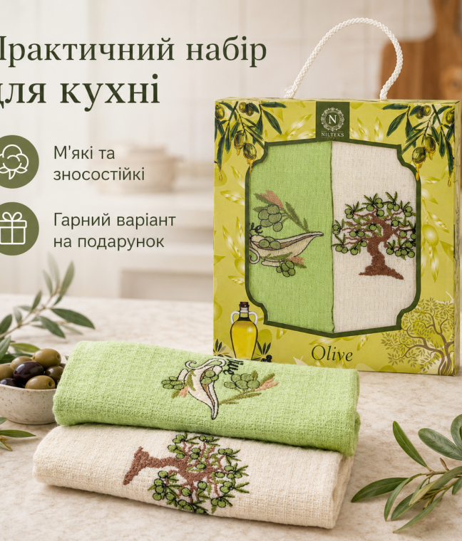 Набір вафельних рушників 2 шт 40x60 см Олива білий/салат LoveYouHome, Фото 4 з 4