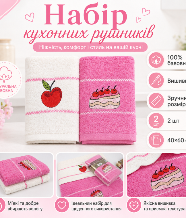 Набір кухонних рушників 2 шт 40x60 см Вишневий торт LoveYouHome