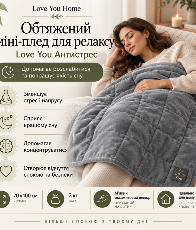 Отягощенный плед 70×100 см 3кг Love You, Фото 3 из 9
