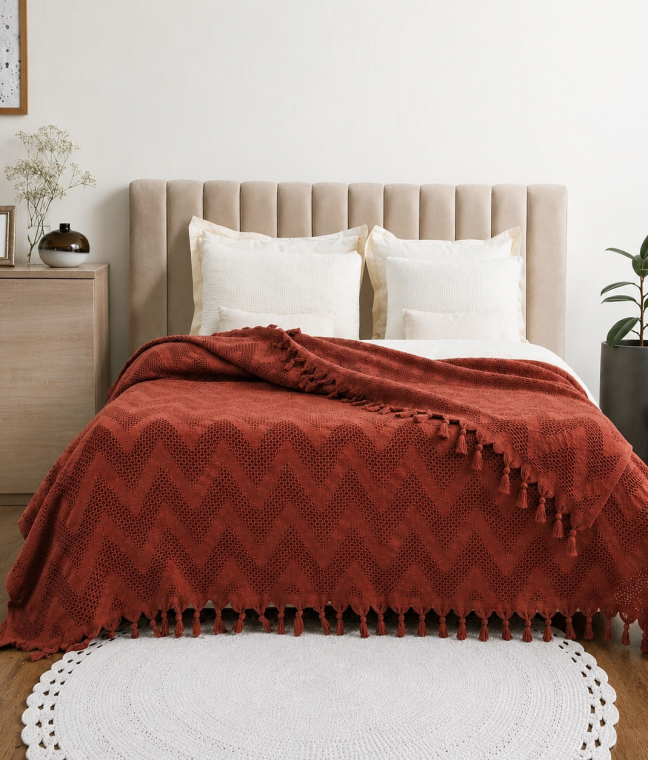 Покривало-плед з бахромою 200х230 Зиг-заг теракот LoveYouHome, Фото 2 з 4