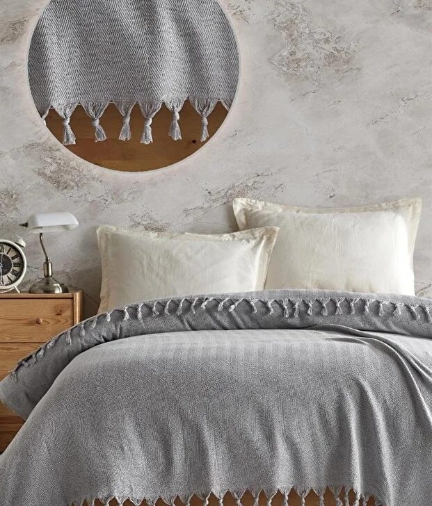 Покривало-плед з бахромою 200х230 Смужка сірий LoveYouHome, Фото 2 з 4